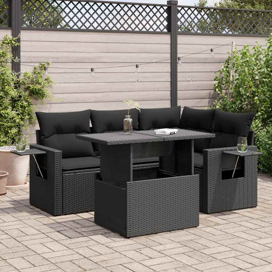 5-tlg. Garten-Sofagarnitur mit Kissen Schwarz Poly Rattan