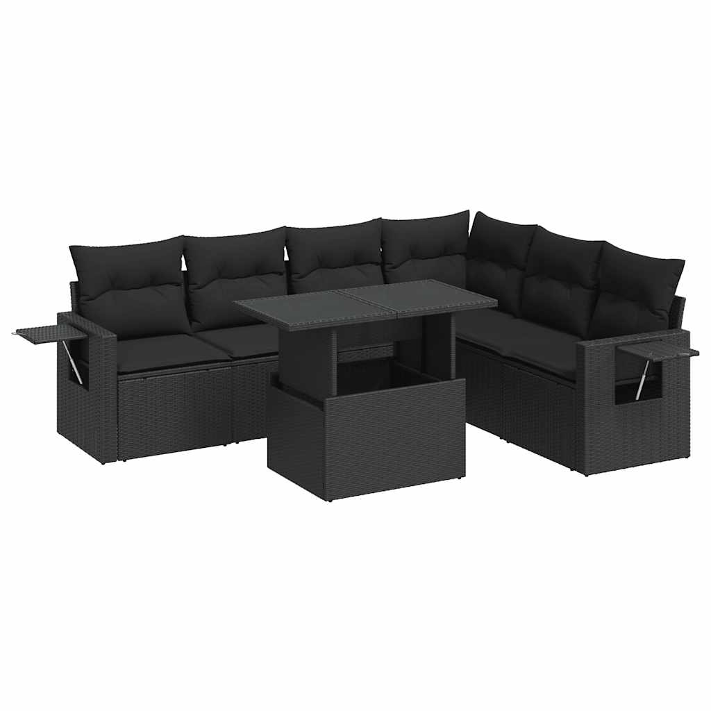 7-tlg. Garten-Sofagarnitur mit Kissen Schwarz Poly Rattan