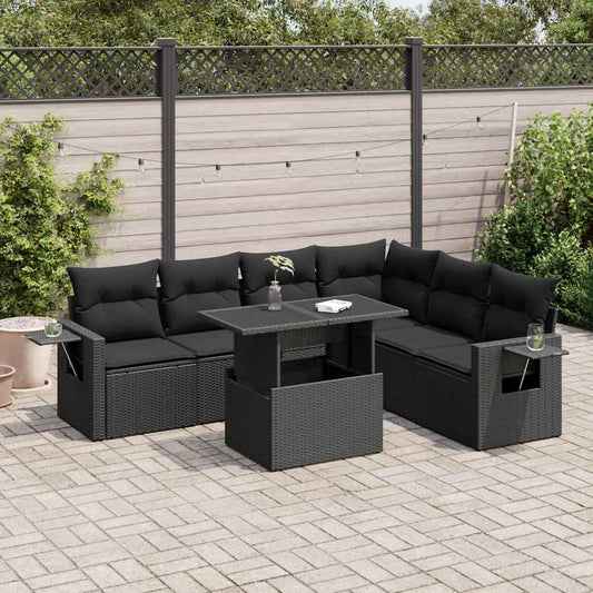 7-tlg. Garten-Sofagarnitur mit Kissen Schwarz Poly Rattan