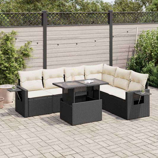 7-tlg. Garten-Sofagarnitur mit Kissen Schwarz Poly Rattan