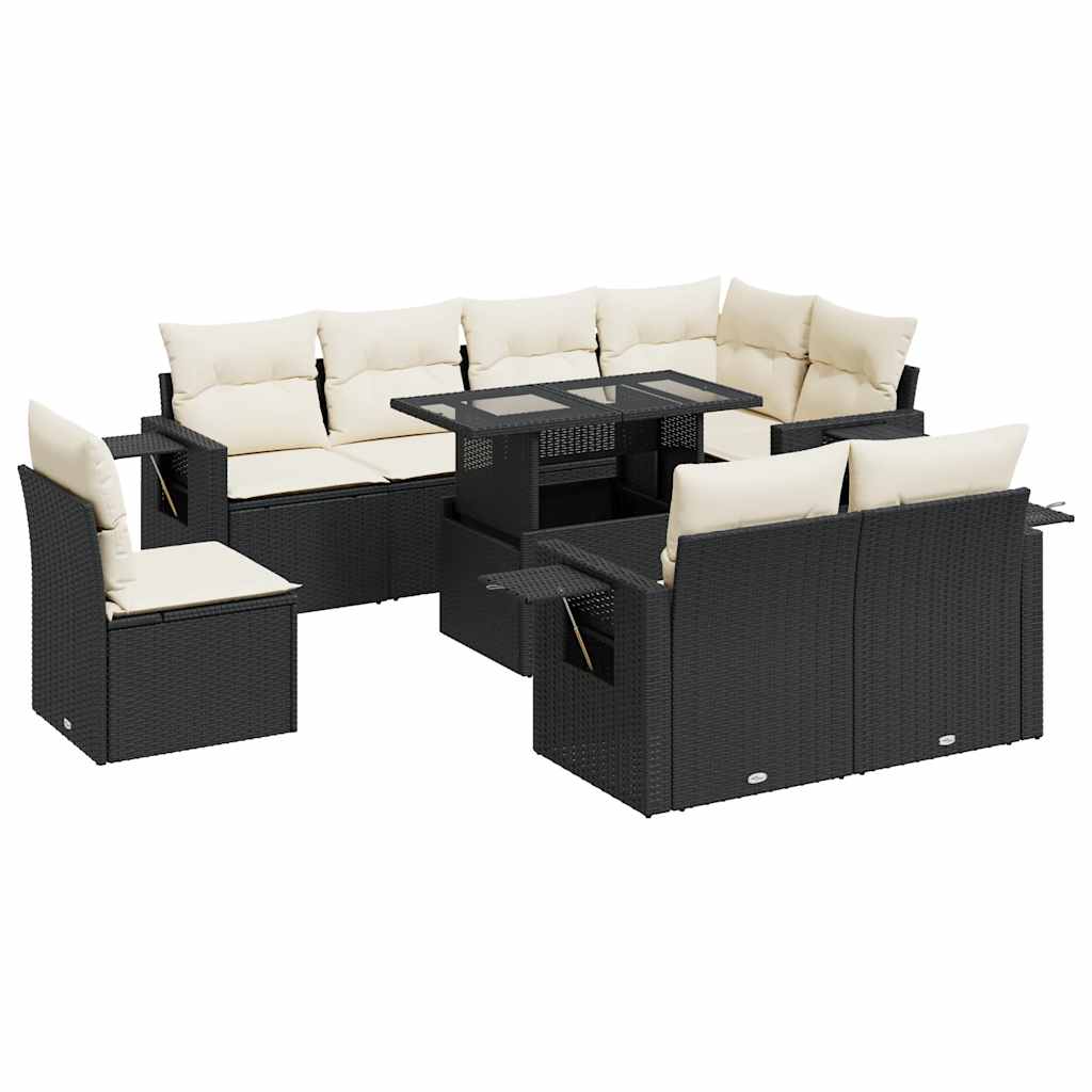 9-tlg. Garten-Sofagarnitur mit Kissen Schwarz Poly Rattan