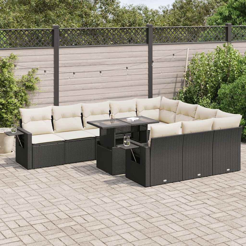 11-tlg. Garten-Sofagarnitur mit Kissen Schwarz Poly Rattan