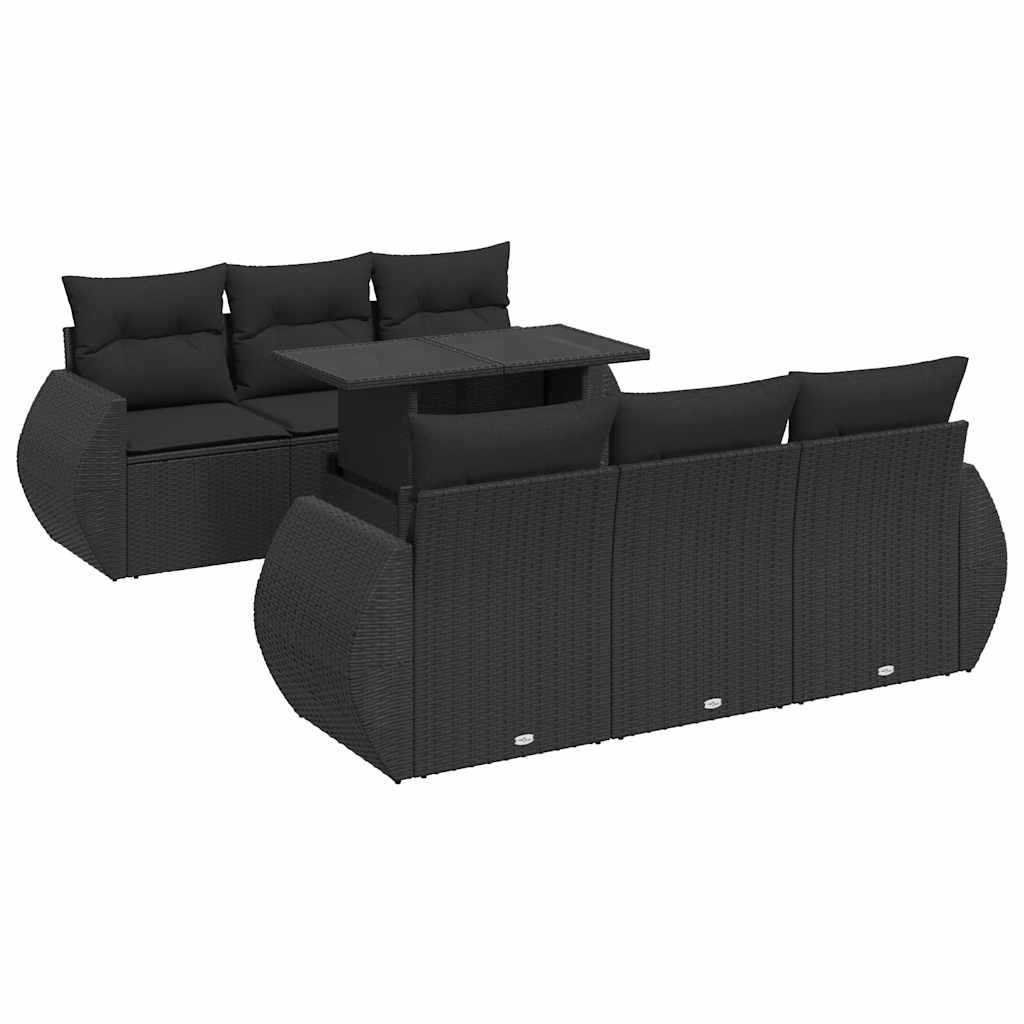 7-tlg. Garten-Sofagarnitur mit Kissen Schwarz Poly Rattan