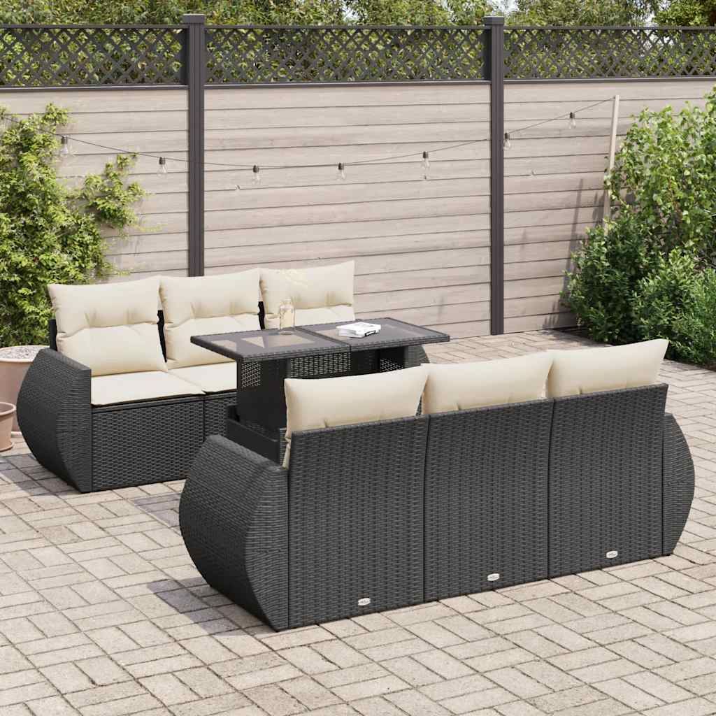 7-tlg. Garten-Sofagarnitur mit Kissen Schwarz Poly Rattan