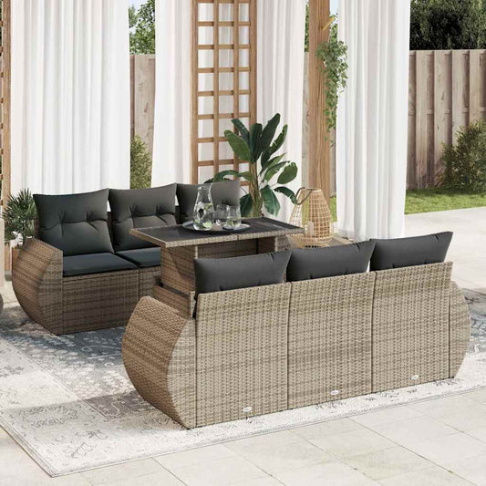 7-tlg. Garten-Sofagarnitur mit Kissen Grau Poly Rattan