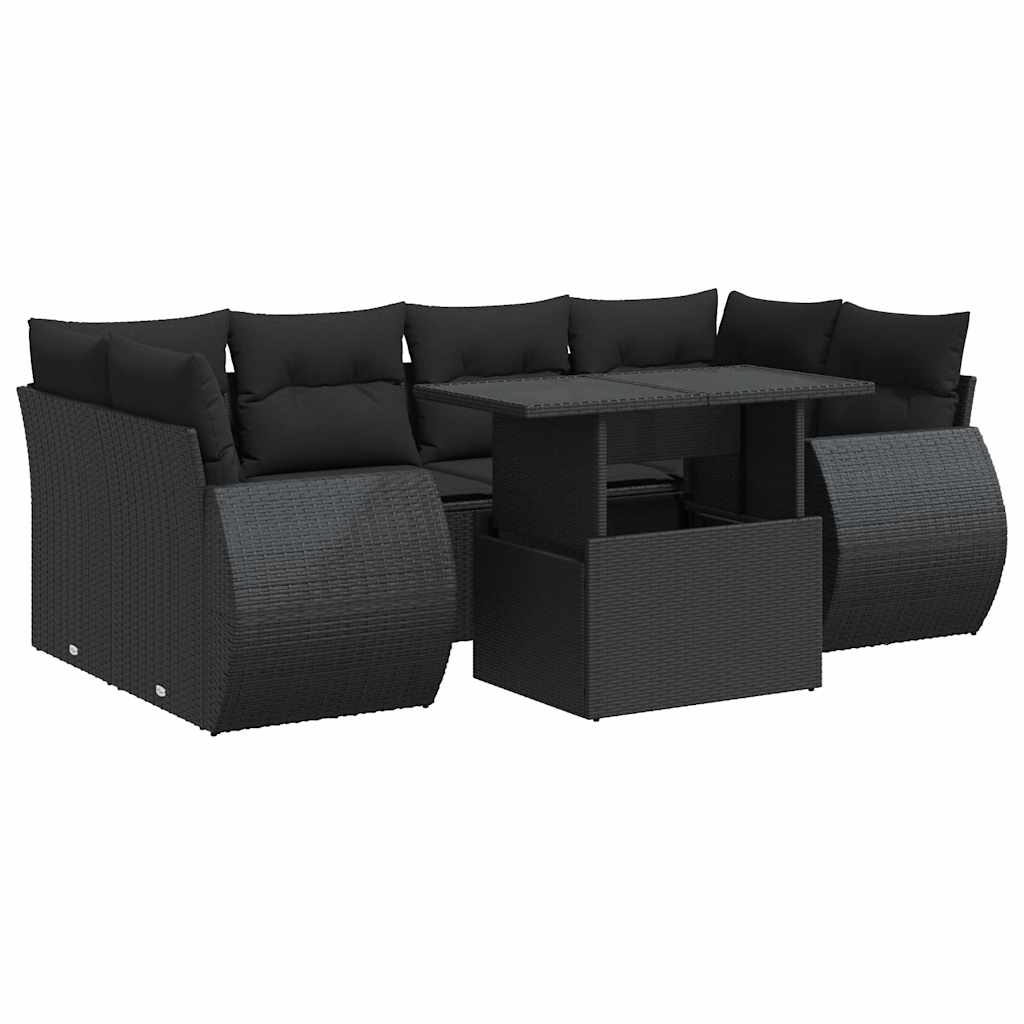 7-tlg. Garten-Sofagarnitur mit Kissen Schwarz Poly Rattan