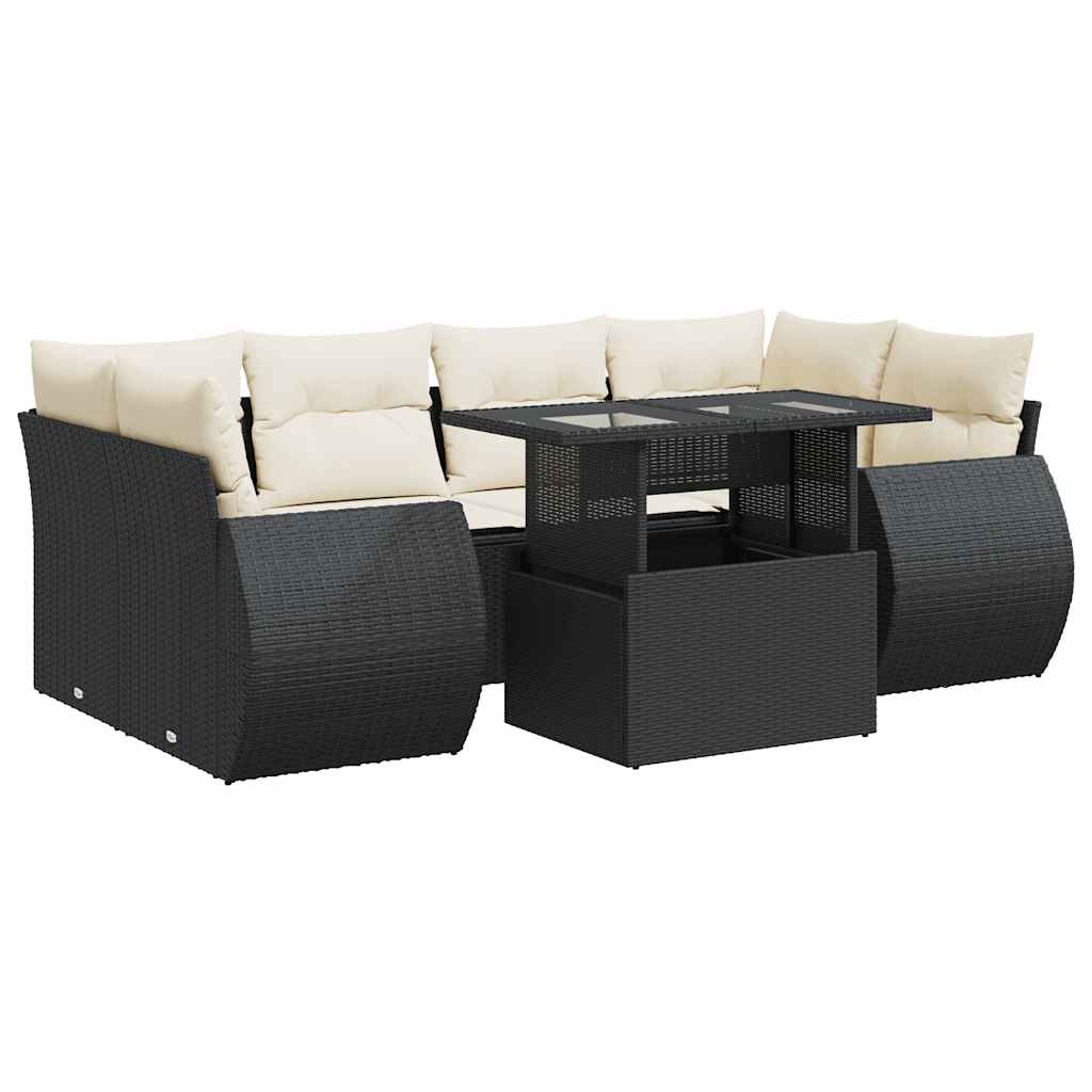 7-tlg. Garten-Sofagarnitur mit Kissen Schwarz Poly Rattan