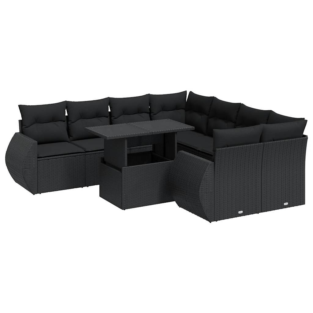 9-tlg. Garten-Sofagarnitur mit Kissen Schwarz Poly Rattan