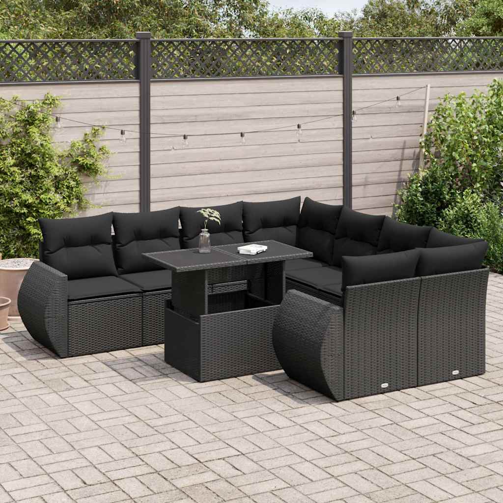 9-tlg. Garten-Sofagarnitur mit Kissen Schwarz Poly Rattan