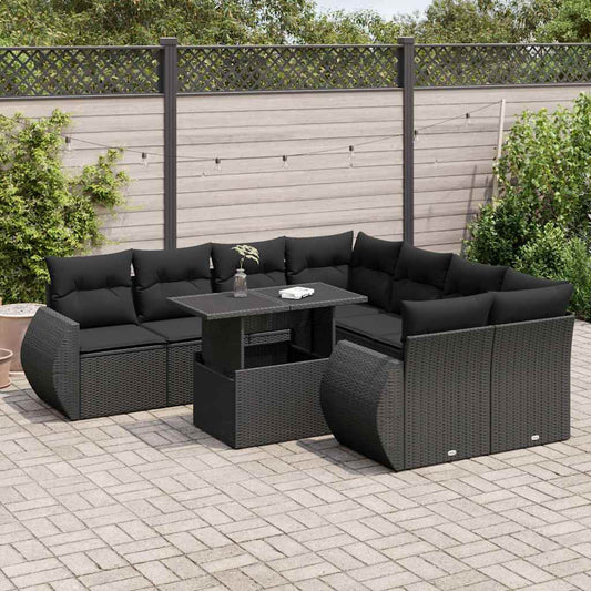 9-tlg. Garten-Sofagarnitur mit Kissen Schwarz Poly Rattan