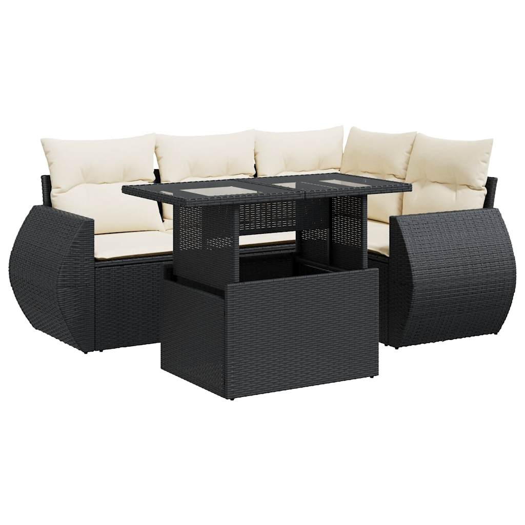 5-tlg. Garten-Sofagarnitur mit Kissen Schwarz Poly Rattan