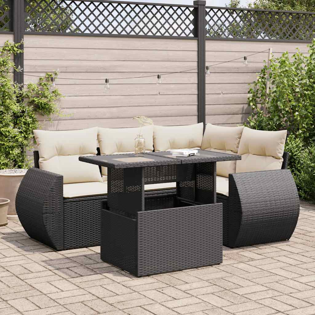 5-tlg. Garten-Sofagarnitur mit Kissen Schwarz Poly Rattan