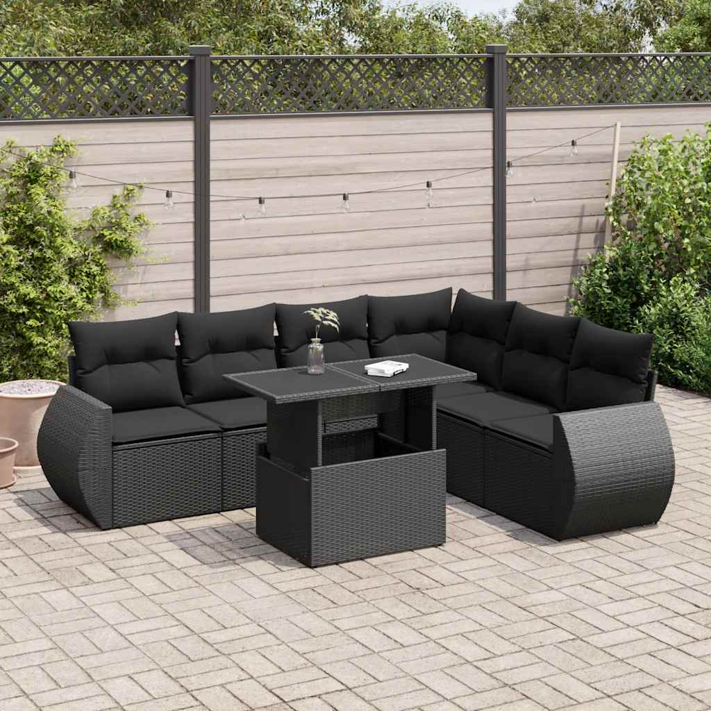 7-tlg. Garten-Sofagarnitur mit Kissen Schwarz Poly Rattan