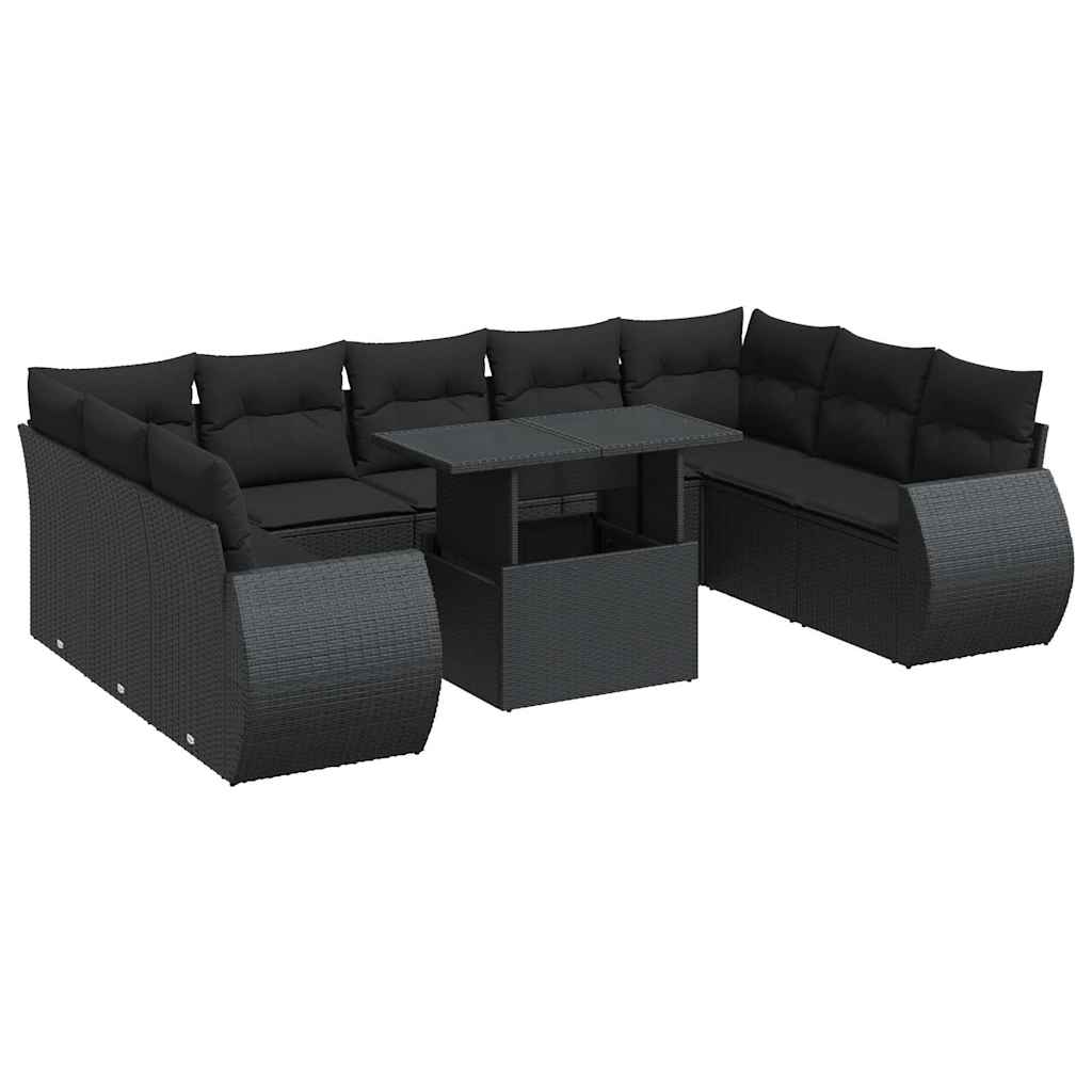 10-tlg. Garten-Sofagarnitur mit Kissen Schwarz Poly Rattan