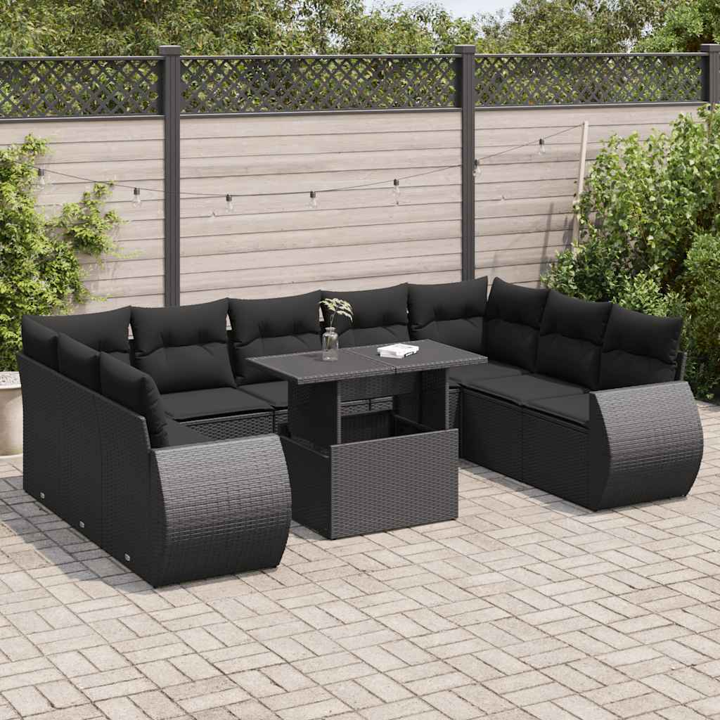 10-tlg. Garten-Sofagarnitur mit Kissen Schwarz Poly Rattan