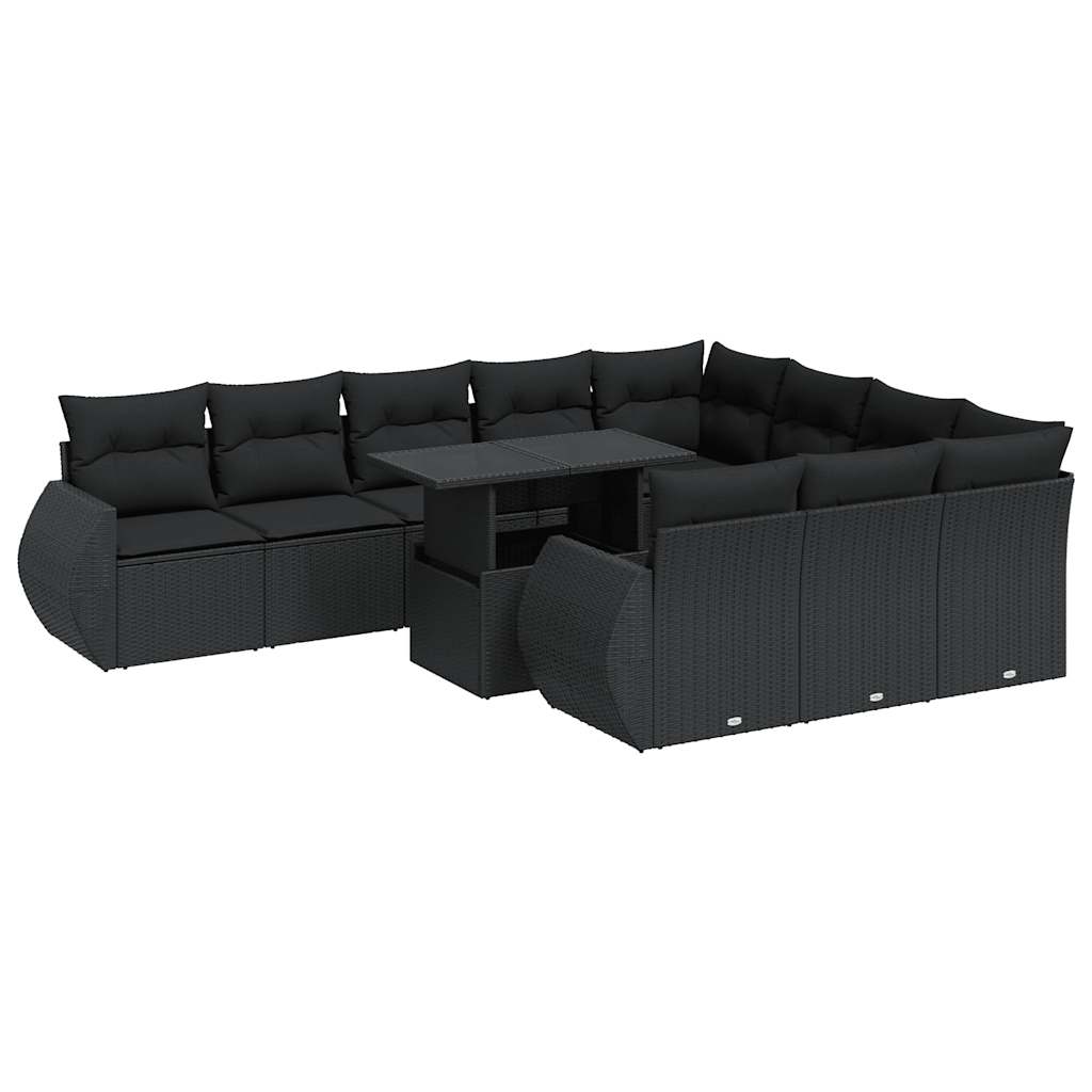 11-tlg. Garten-Sofagarnitur mit Kissen Schwarz Poly Rattan