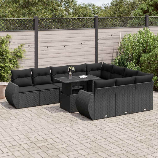 11-tlg. Garten-Sofagarnitur mit Kissen Schwarz Poly Rattan