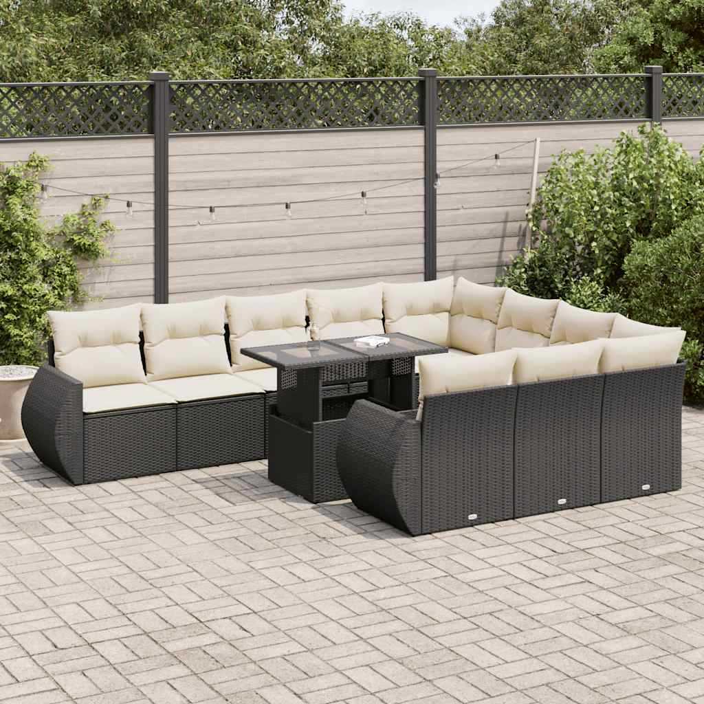 11-tlg. Garten-Sofagarnitur mit Kissen Schwarz Poly Rattan