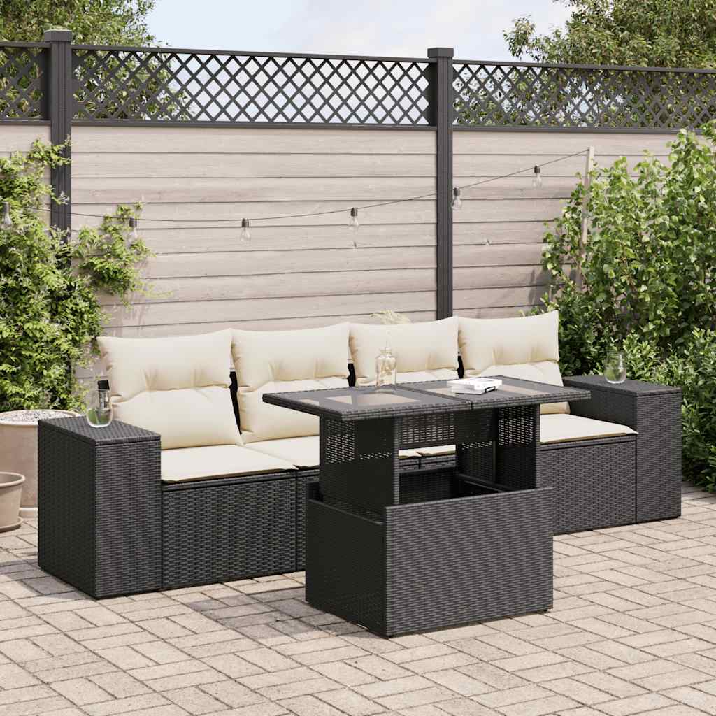 5-tlg. Garten-Sofagarnitur mit Kissen Schwarz Poly Rattan