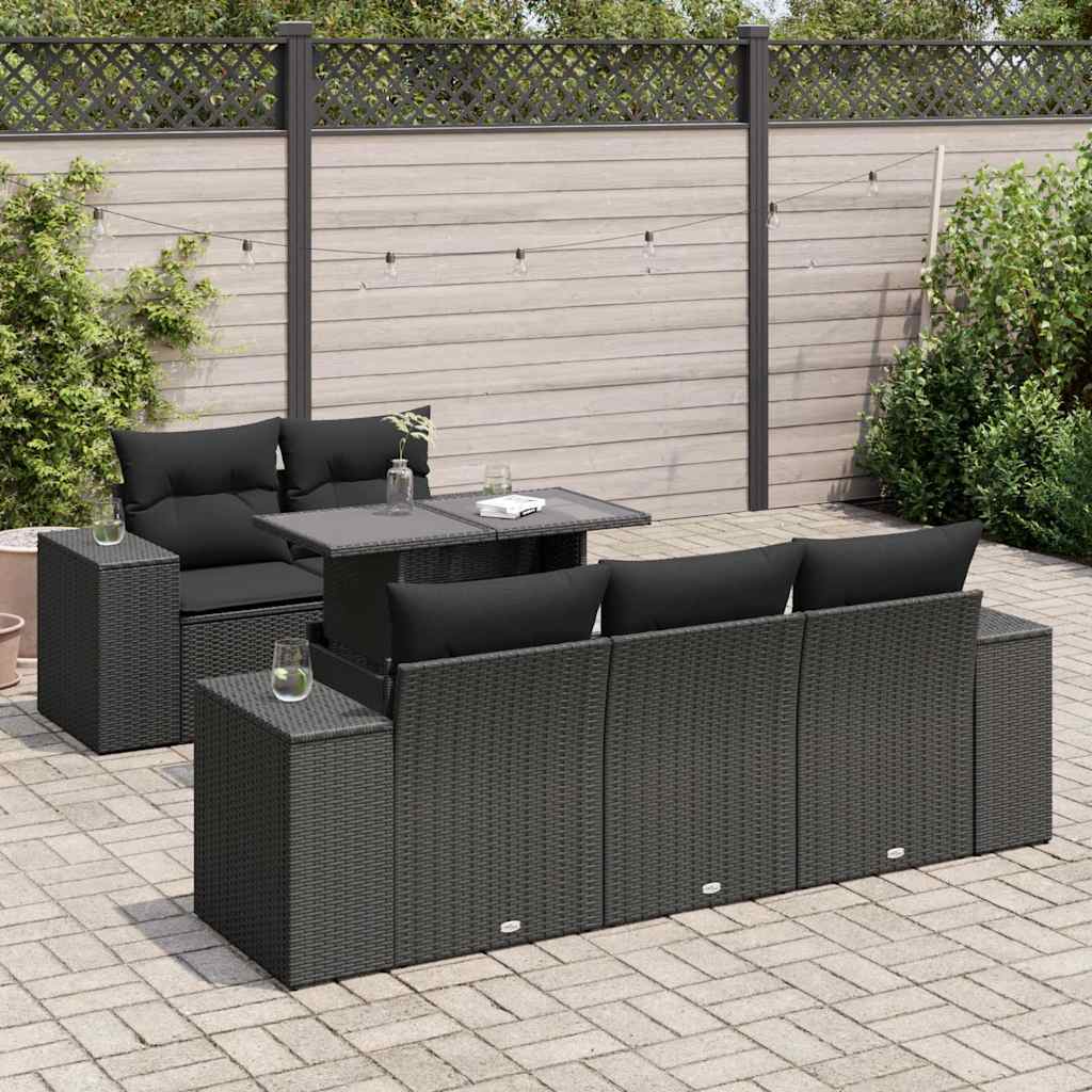 6-tlg. Garten-Sofagarnitur mit Kissen Schwarz Poly Rattan