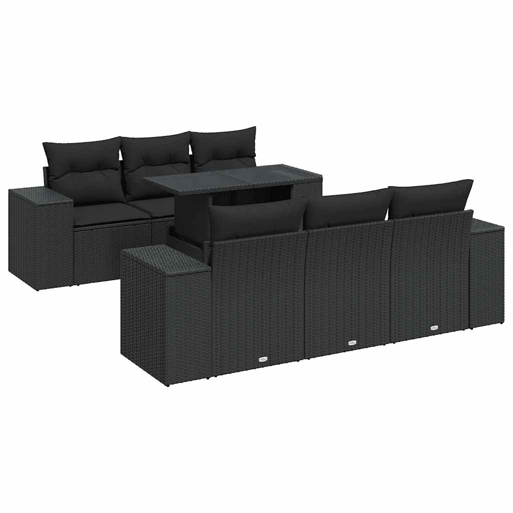 7-tlg. Garten-Sofagarnitur mit Kissen Schwarz Poly Rattan