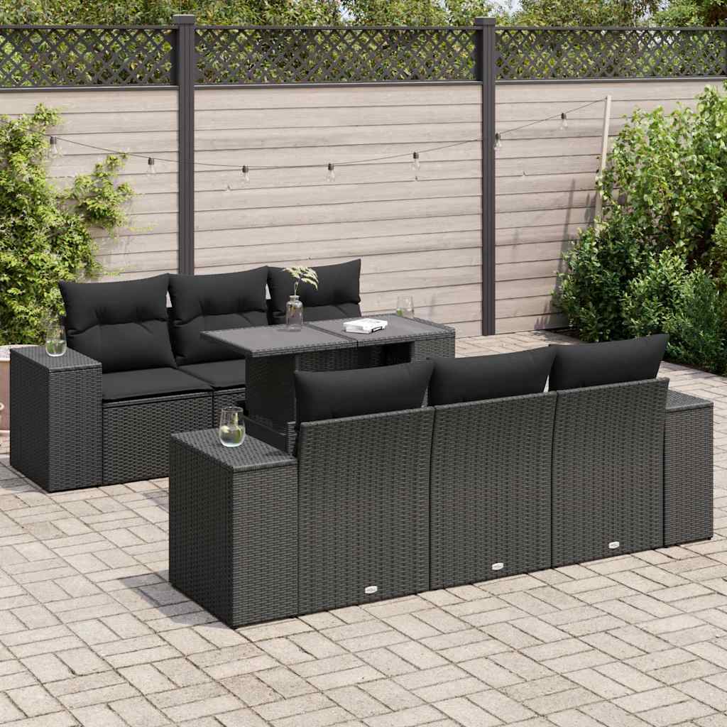 7-tlg. Garten-Sofagarnitur mit Kissen Schwarz Poly Rattan