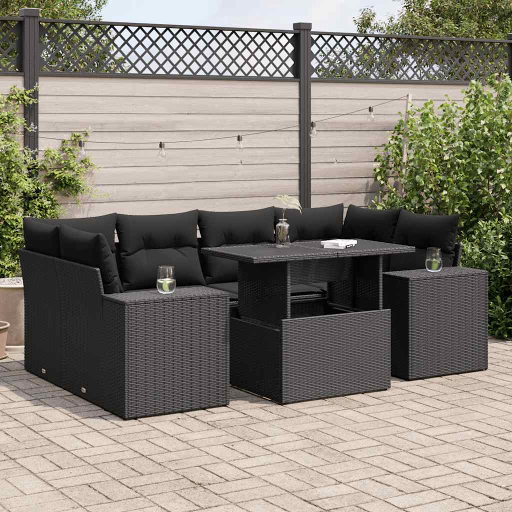 7-tlg. Garten-Sofagarnitur mit Kissen Schwarz Poly Rattan