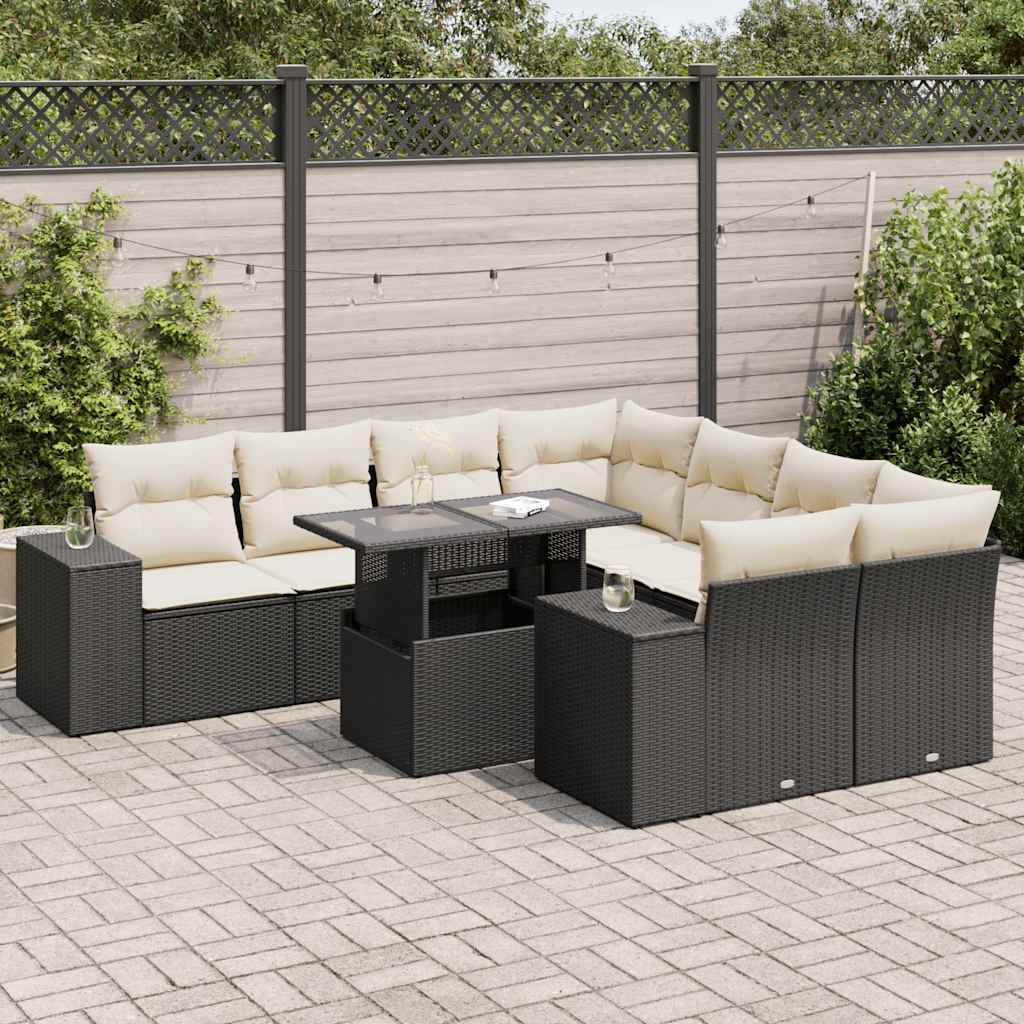 9-tlg. Garten-Sofagarnitur mit Kissen Schwarz Poly Rattan