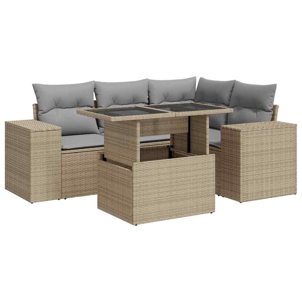 5-tlg. Garten-Sofagarnitur mit Kissen Beige Poly Rattan