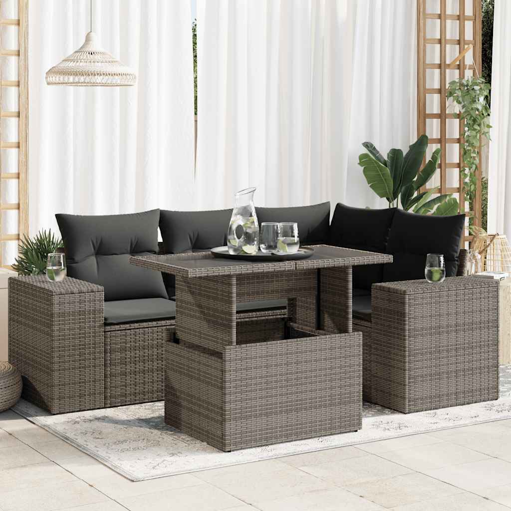 5-tlg. Garten-Sofagarnitur mit Kissen Grau Poly Rattan