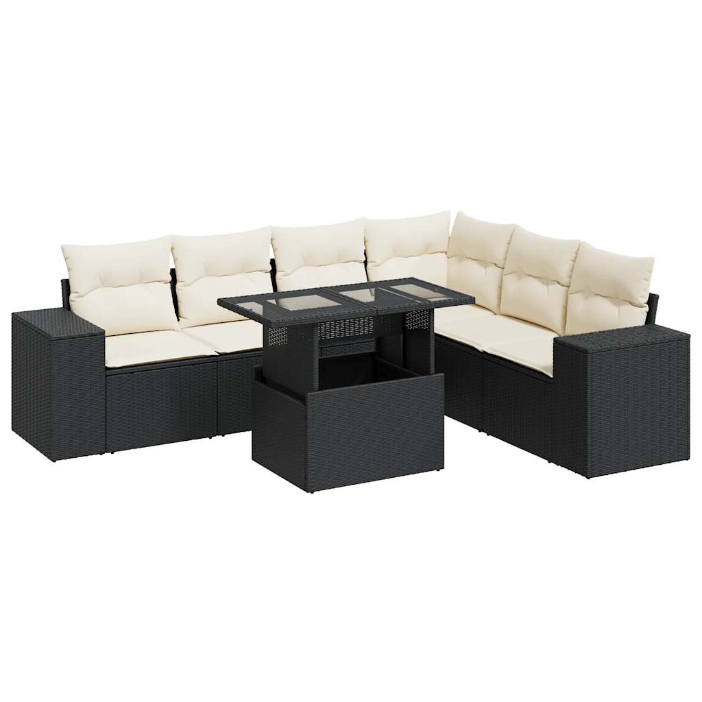 7-tlg. Garten-Sofagarnitur mit Kissen Schwarz Poly Rattan