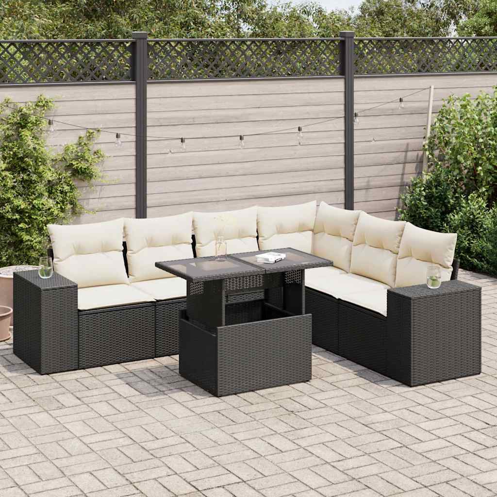 7-tlg. Garten-Sofagarnitur mit Kissen Schwarz Poly Rattan