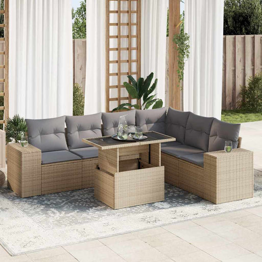 7-tlg. Garten-Sofagarnitur mit Kissen Beige Poly Rattan