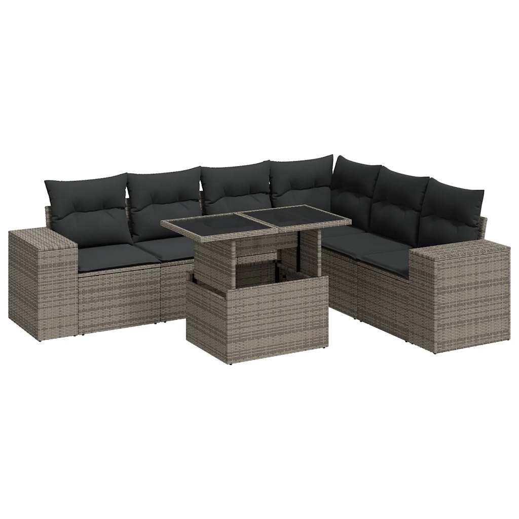 7-tlg. Garten-Sofagarnitur mit Kissen Grau Poly Rattan