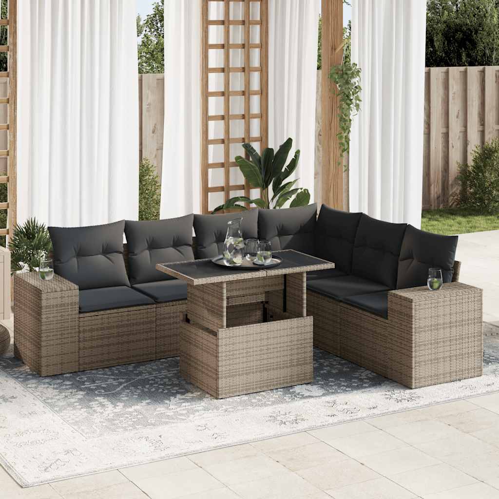 7-tlg. Garten-Sofagarnitur mit Kissen Grau Poly Rattan