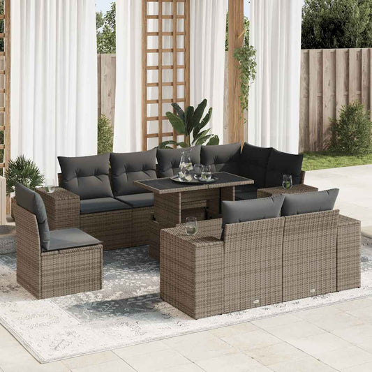 9-tlg. Garten-Sofagarnitur mit Kissen Grau Poly Rattan