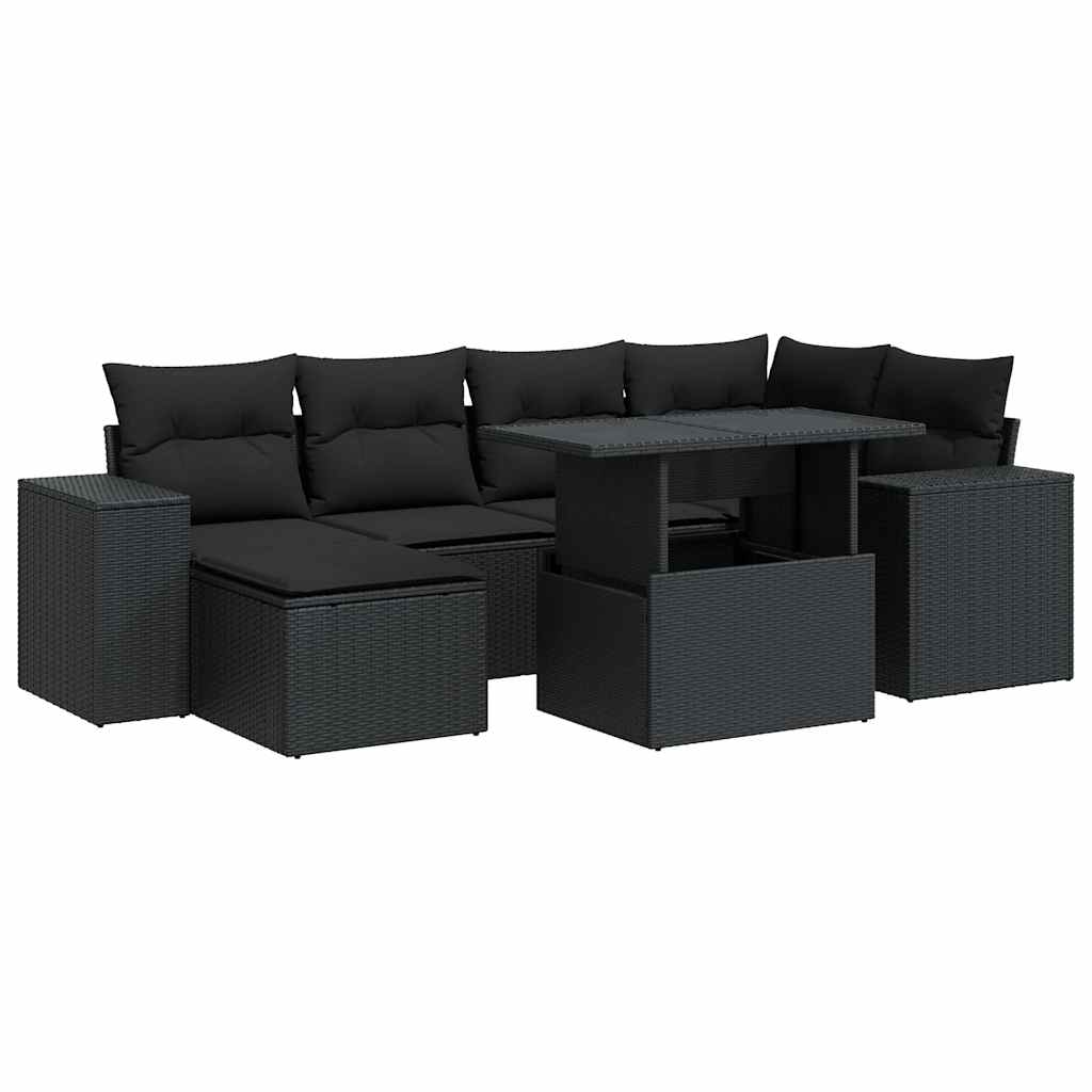 7-tlg. Garten-Sofagarnitur mit Kissen Schwarz Poly Rattan