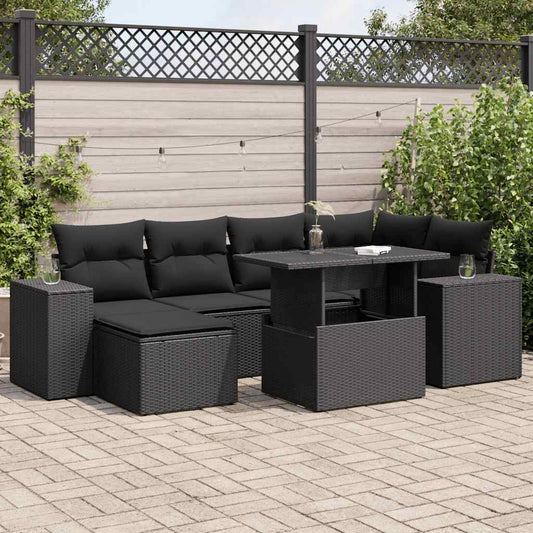 7-tlg. Garten-Sofagarnitur mit Kissen Schwarz Poly Rattan