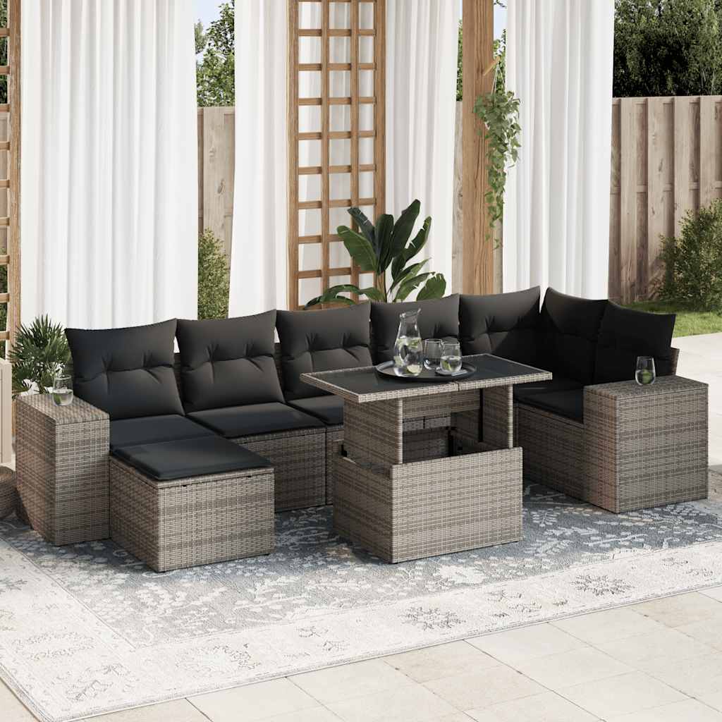 8-tlg. Garten-Sofagarnitur mit Kissen Grau Poly Rattan