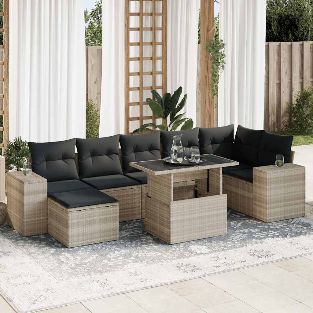 8-tlg. Garten-Sofagarnitur mit Kissen Hellgrau Poly Rattan