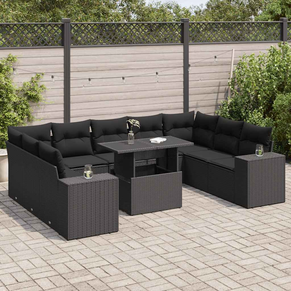 10-tlg. Garten-Sofagarnitur mit Kissen Schwarz Poly Rattan