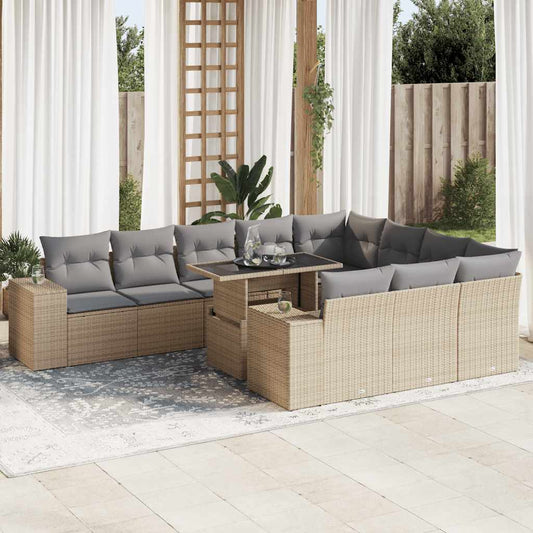 11-tlg. Garten-Sofagarnitur mit Kissen Beige Poly Rattan