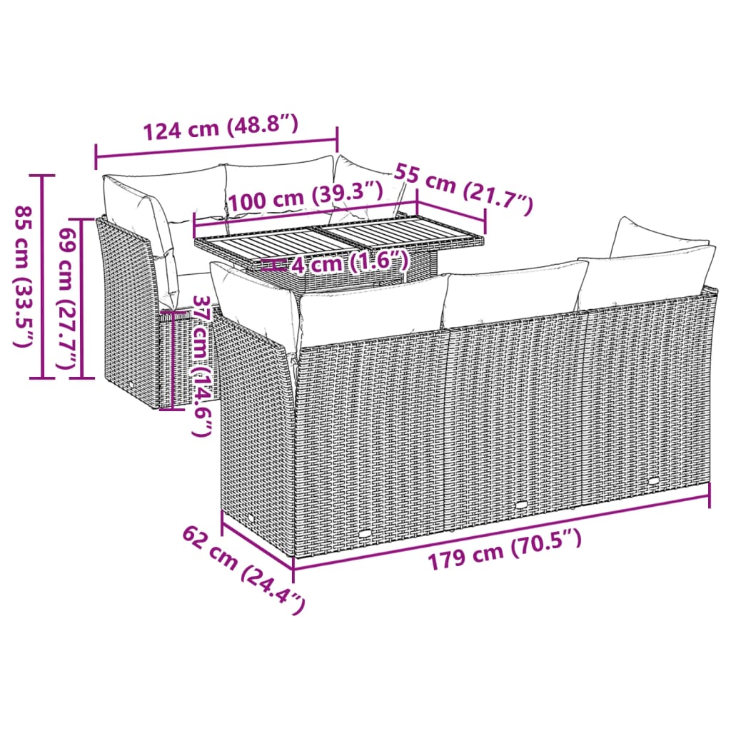 6-tlg. Garten-Sofagarnitur mit Kissen Beige Poly Rattan