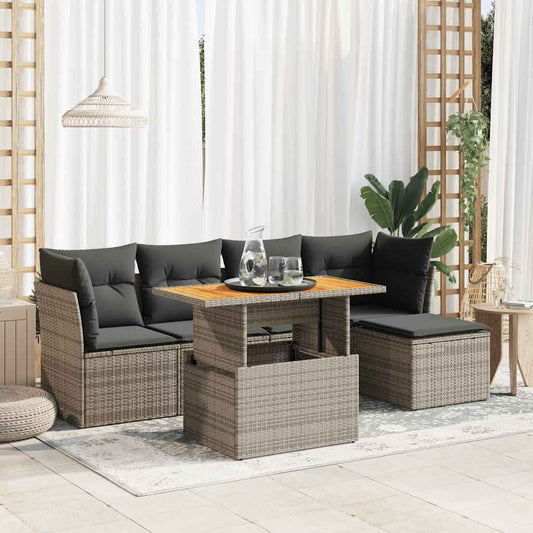 6-tlg. Garten-Sofagarnitur mit Kissen Grau Poly Rattan