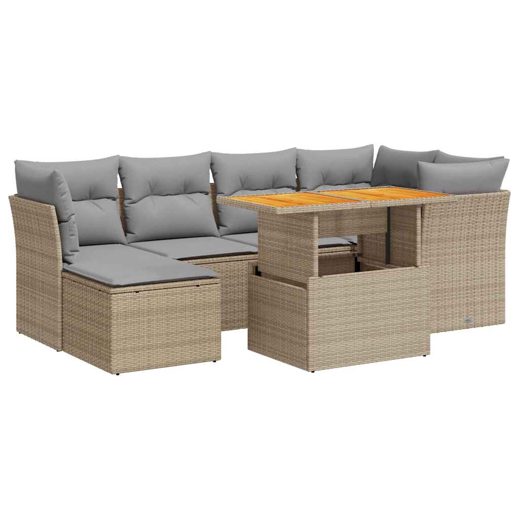 7-tlg. Garten-Sofagarnitur mit Kissen Beige Poly Rattan