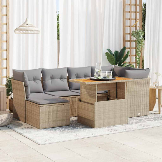 7-tlg. Garten-Sofagarnitur mit Kissen Beige Poly Rattan