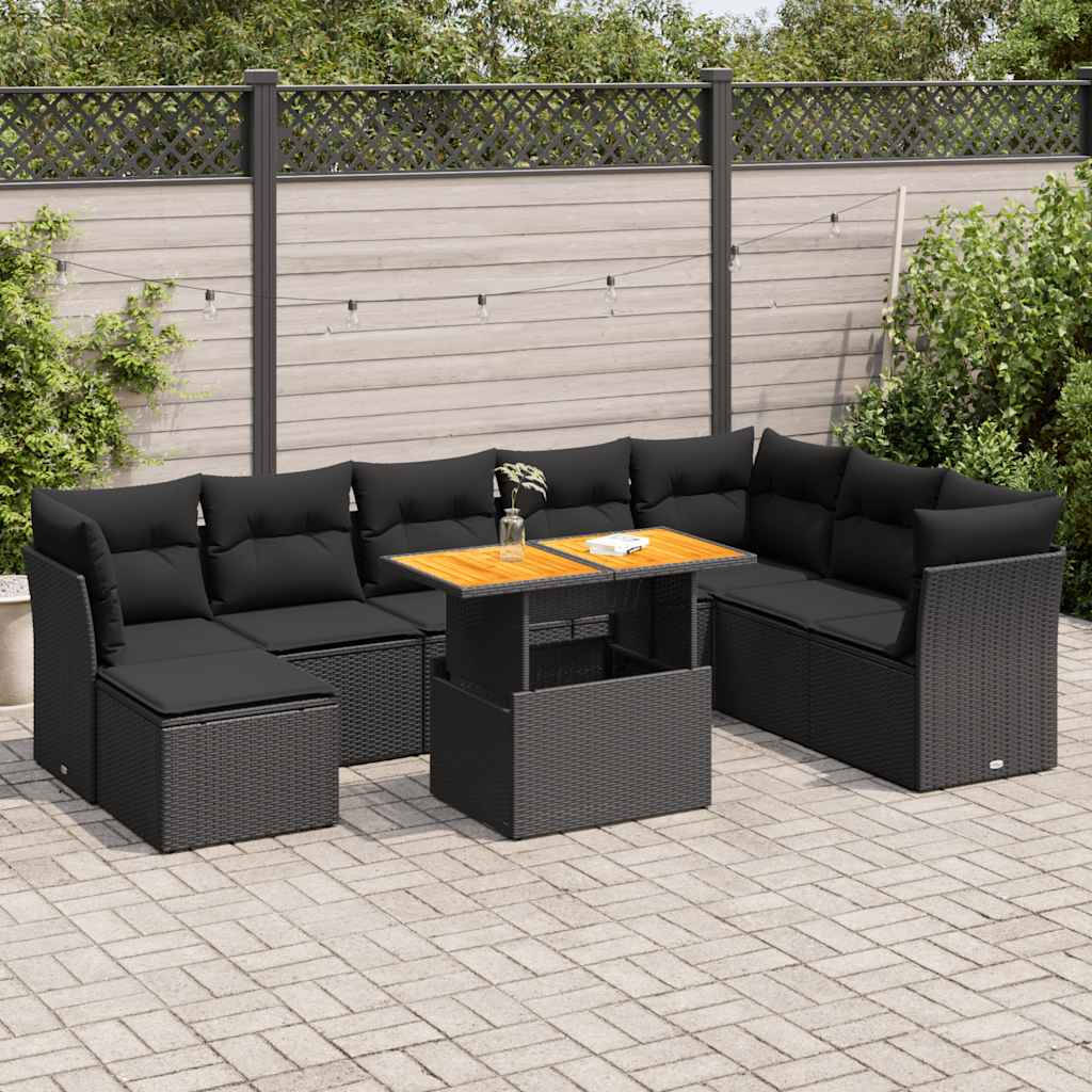 9-tlg. Garten-Sofagarnitur mit Kissen Schwarz Poly Rattan