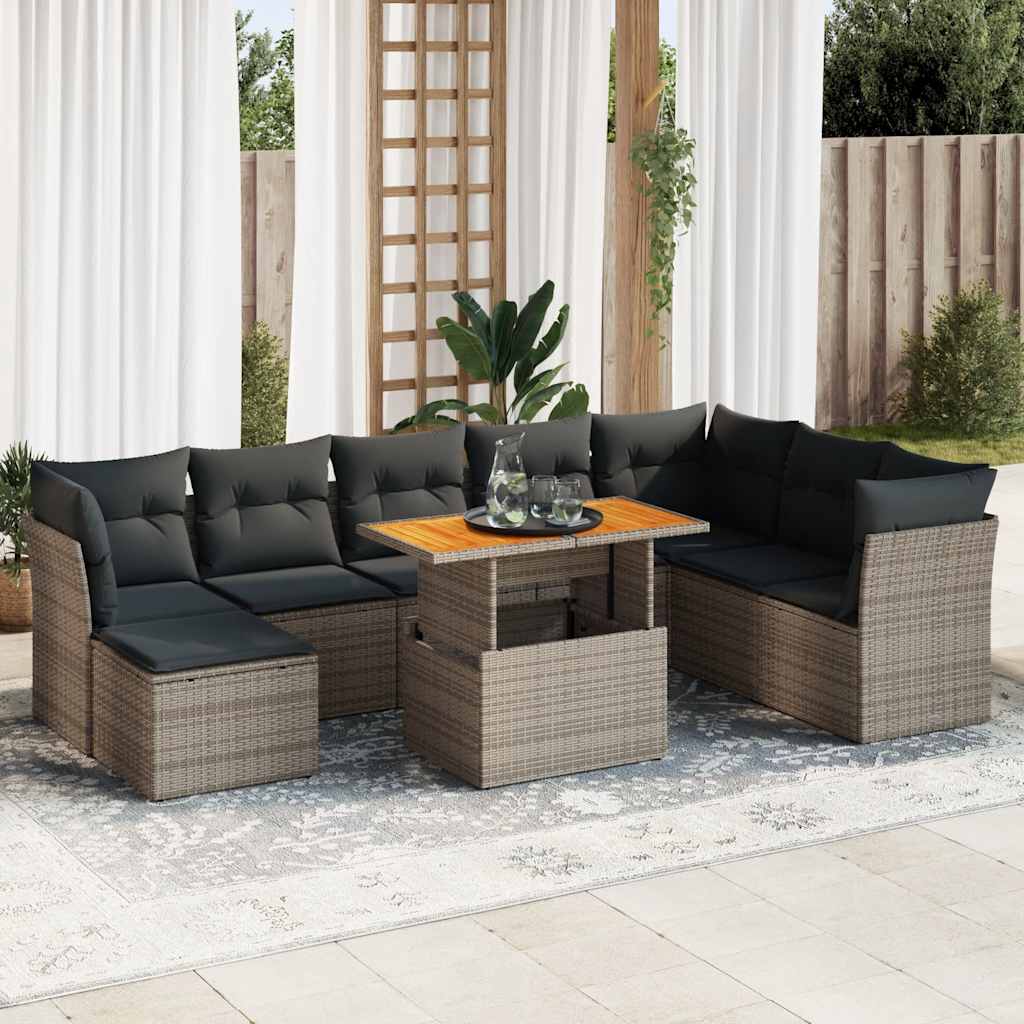 9-tlg. Garten-Sofagarnitur mit Kissen Grau Poly Rattan