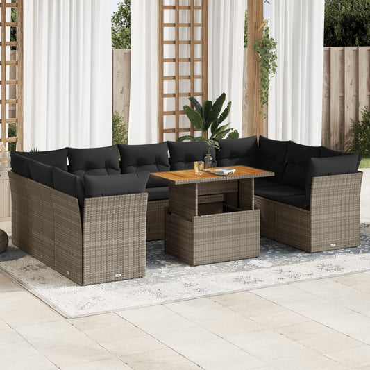 10-tlg. Garten-Sofagarnitur mit Kissen Grau Poly Rattan