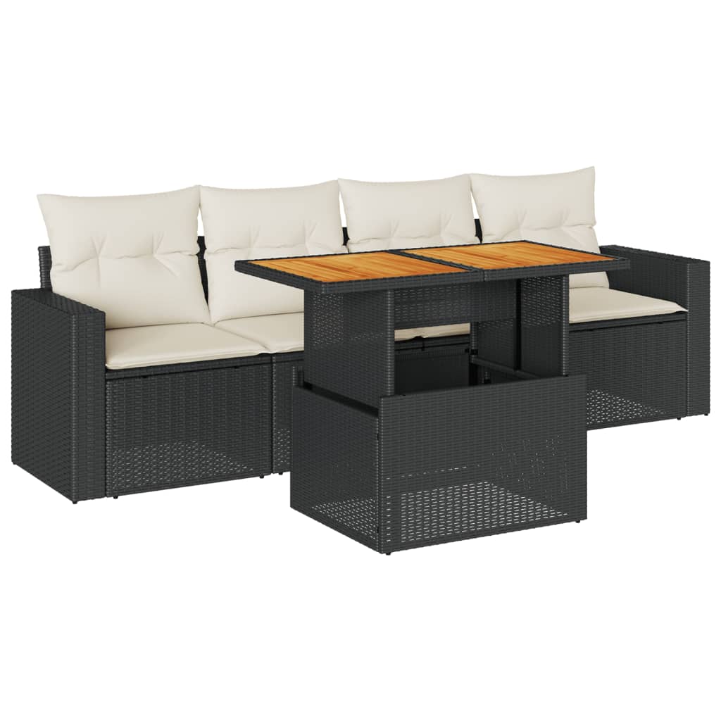 5-tlg. Garten-Sofagarnitur mit Kissen Schwarz Poly Rattan